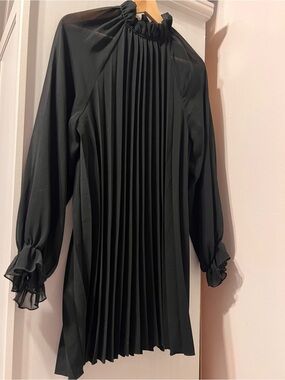 Zara Black Pleated Mini Dress with Ruffled Neck and Cuffs